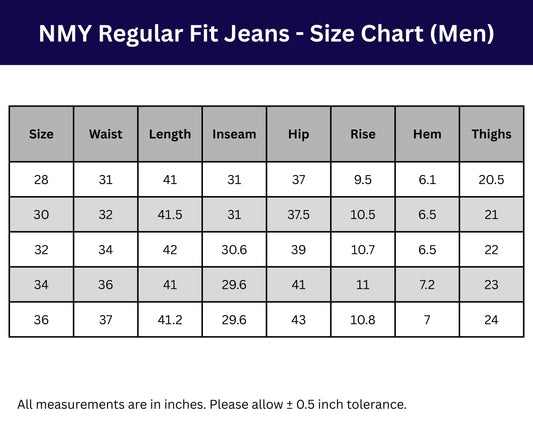 NMY regular fit jeans size chart