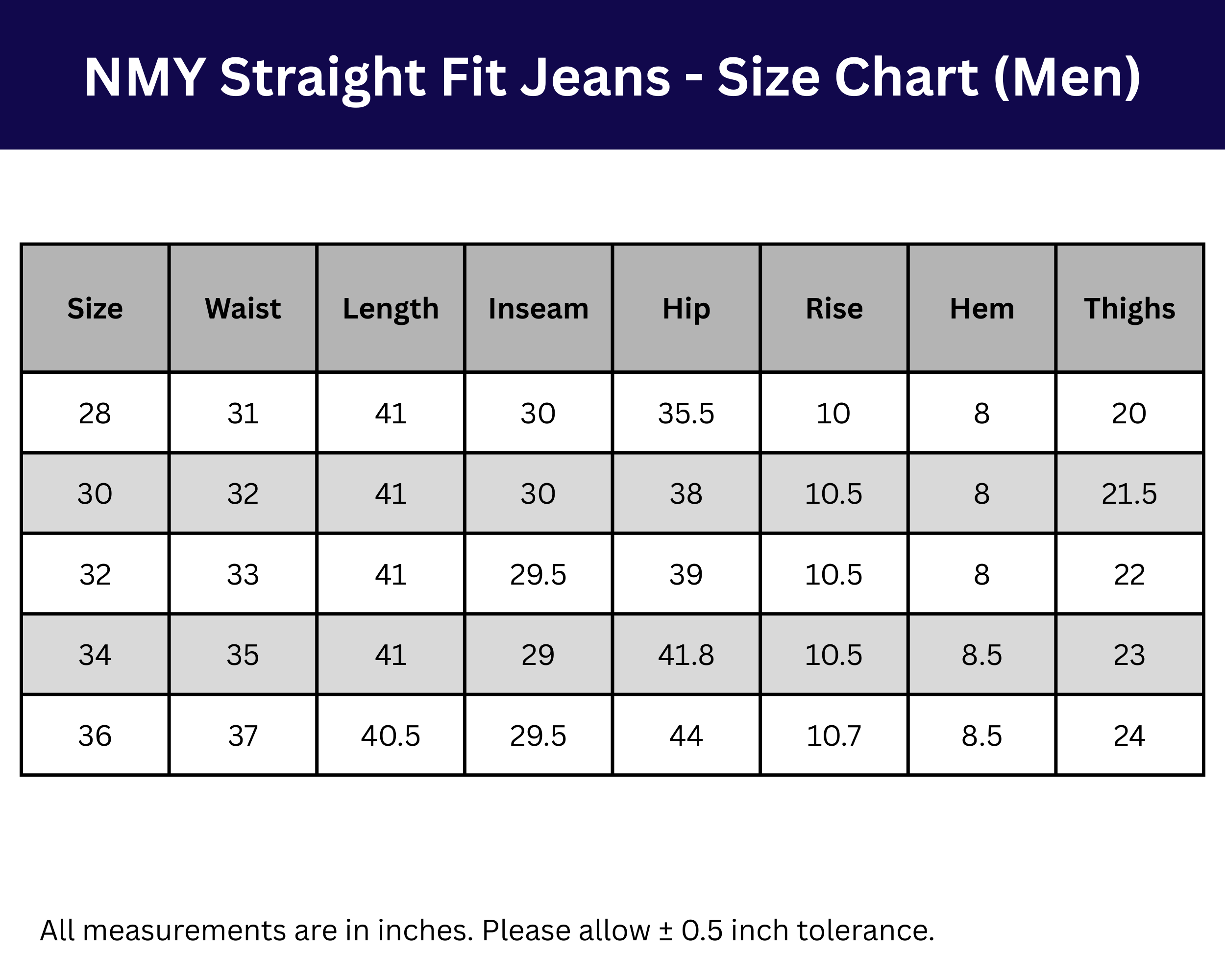 NMY Straight Fit Jeans Size Chart