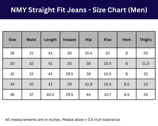 NMY Straight fit jeans size chart
