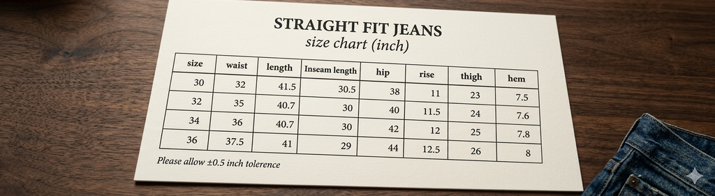 NMY jeans SIze chart