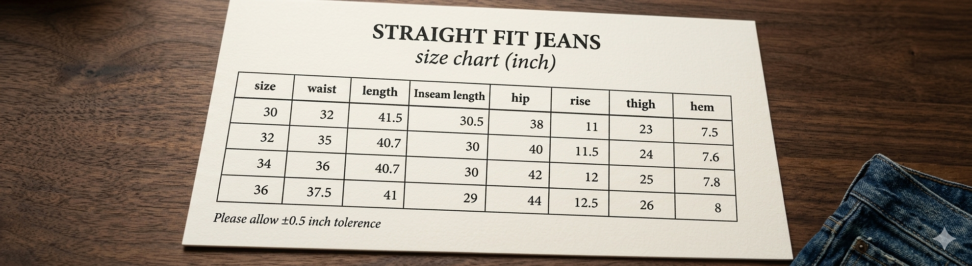 NMY jeans SIze chart